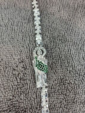 Silver Religious Saint Bracelet with Green Crystal Accent